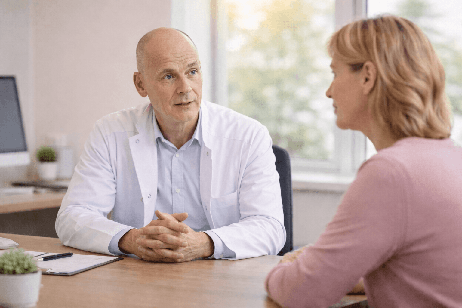 Arzt im Gespräch mit einer Patientin zur klinischen Studie