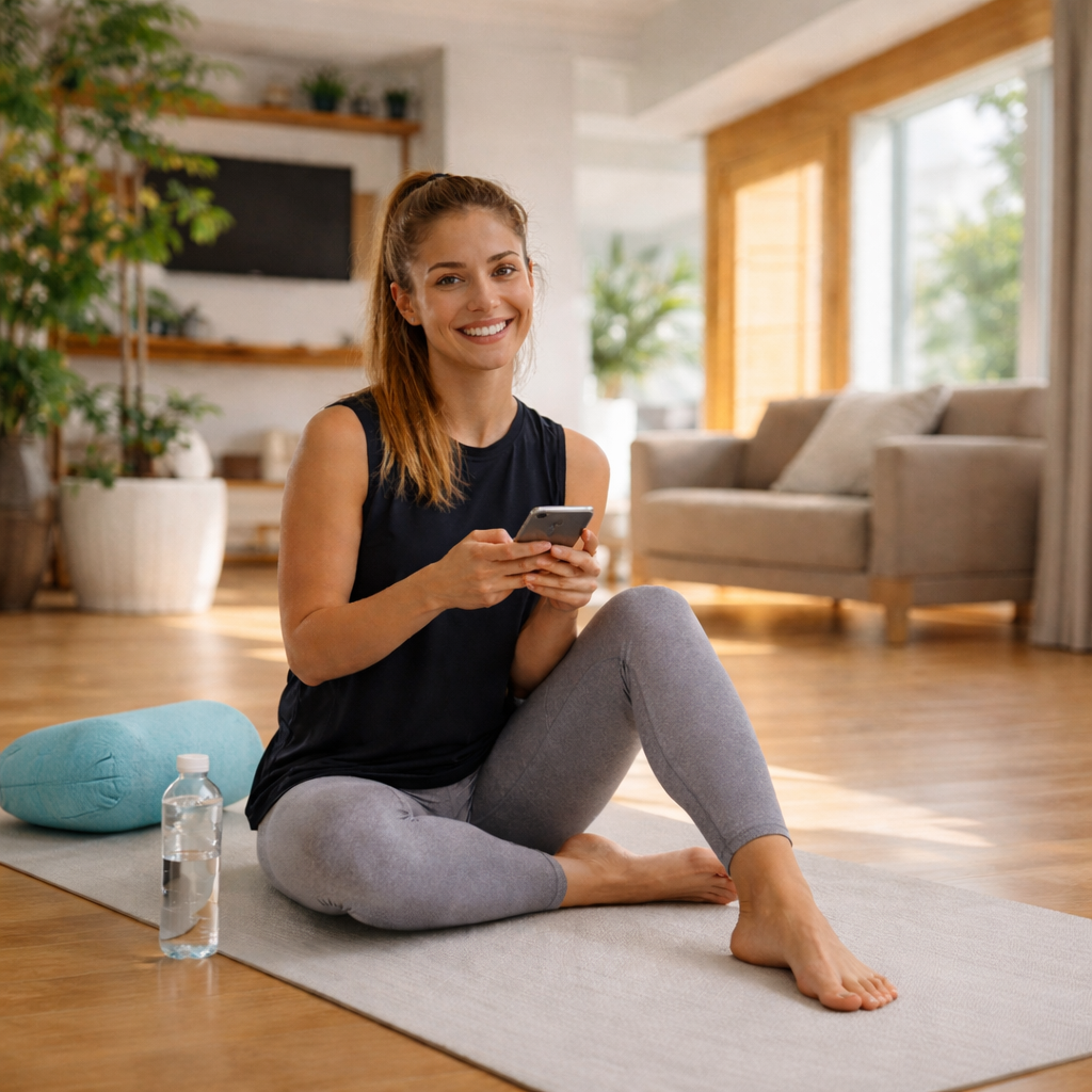 Frau trainiert barfuß mit Smartphone und HeyFoot App zuhause